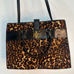 Ralph Lauren Haircalf Leopard Satchel – Black Leather Trim
